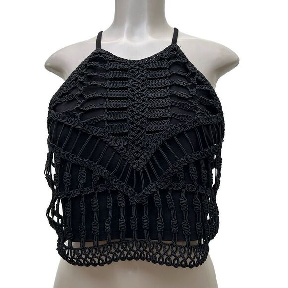 NWOT H&M Crop Top Women's Large Black Halter Ribbon Embroidered Crochet Overlay - Picture 2 of 12